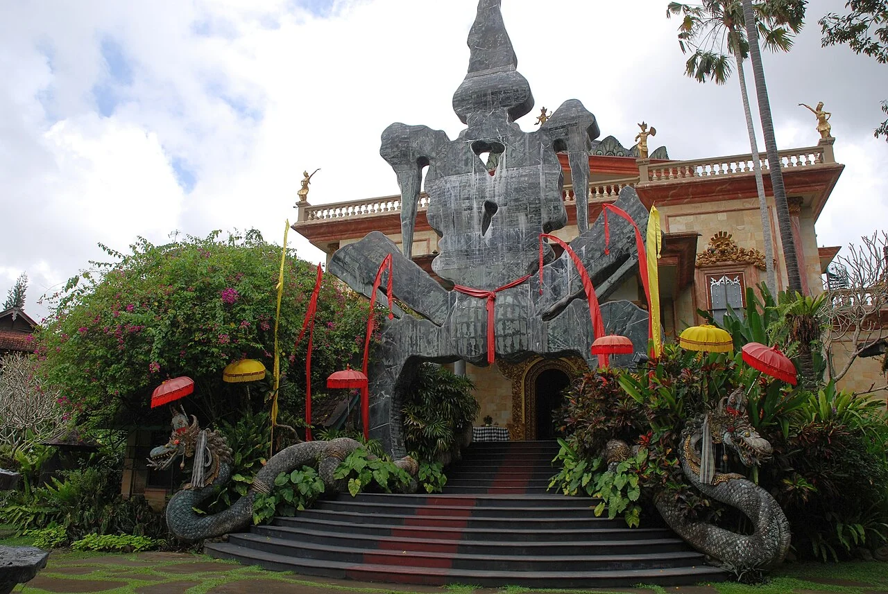 Ornate sculptural gates and broad steps lead into Blanco Renaissance Museum in Ubud, Bali.