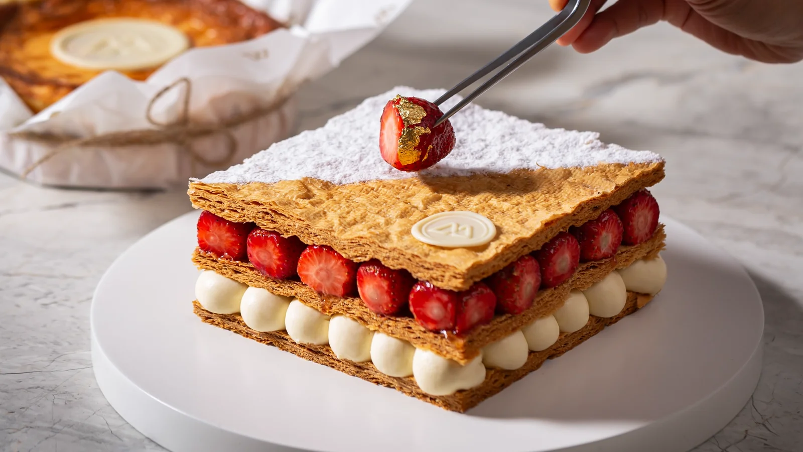 Strawberry and cream layered pastry being finished at Canelle in Bali.