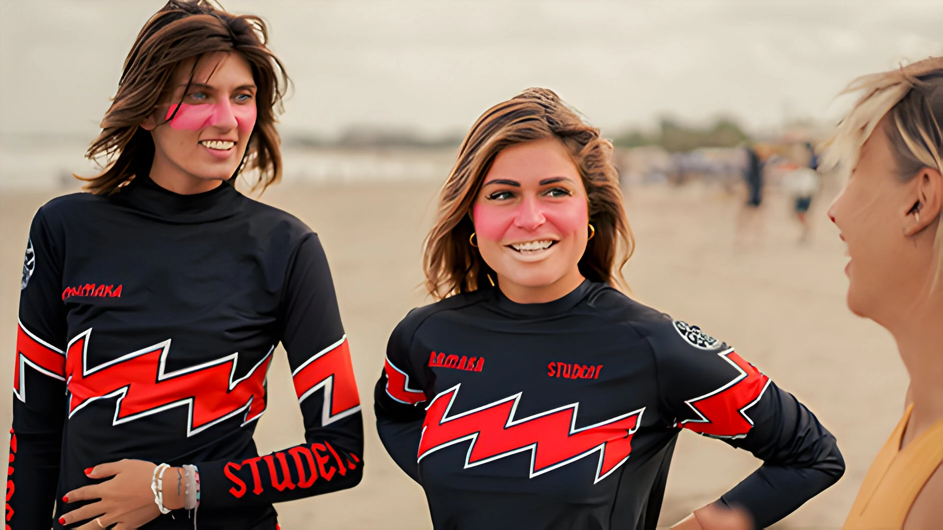 Two surfers in Rip Curl rash guards talk on Kuta Beach before a surf session