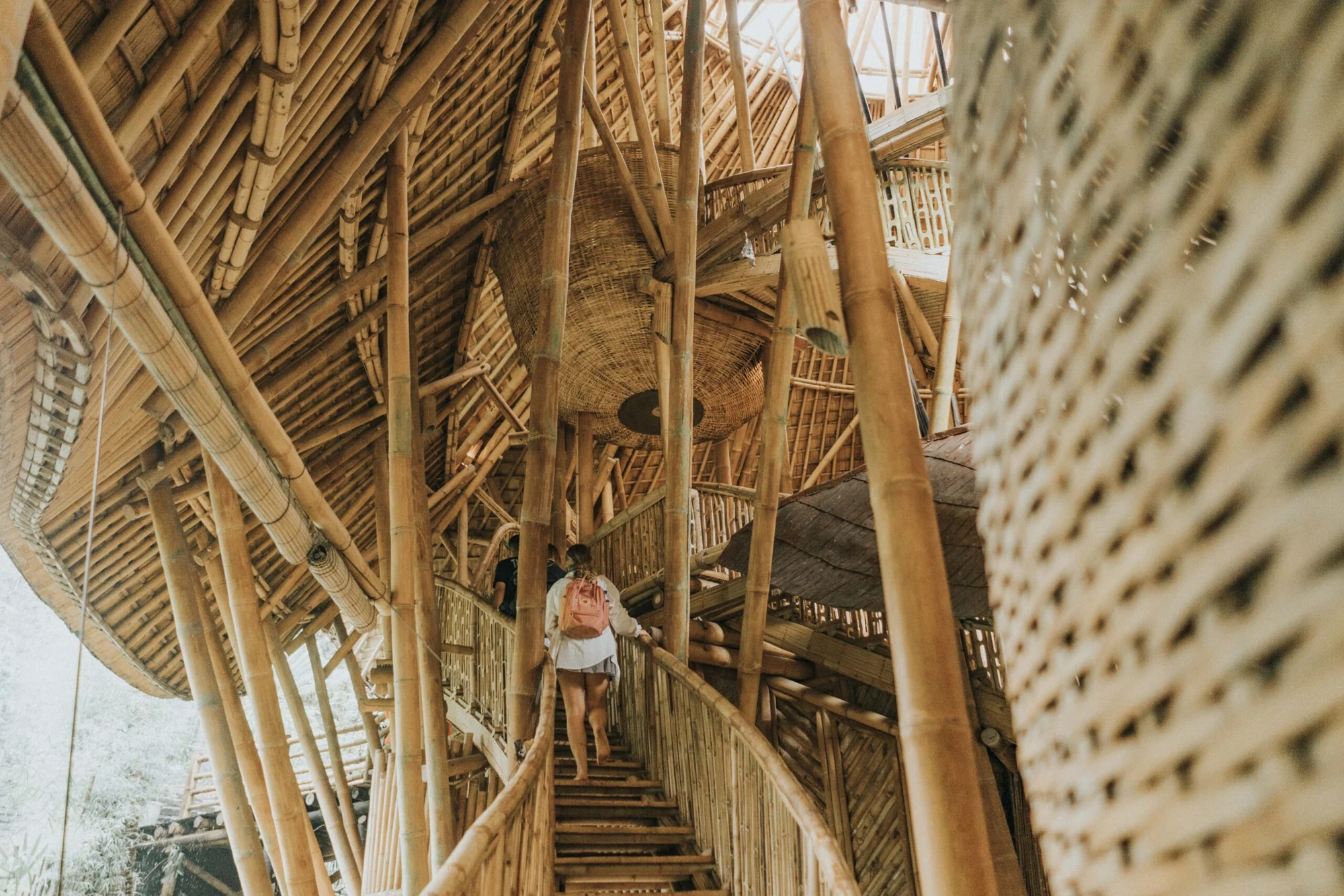 A sculptural bamboo home at Green Village above the Ayung River valley.
