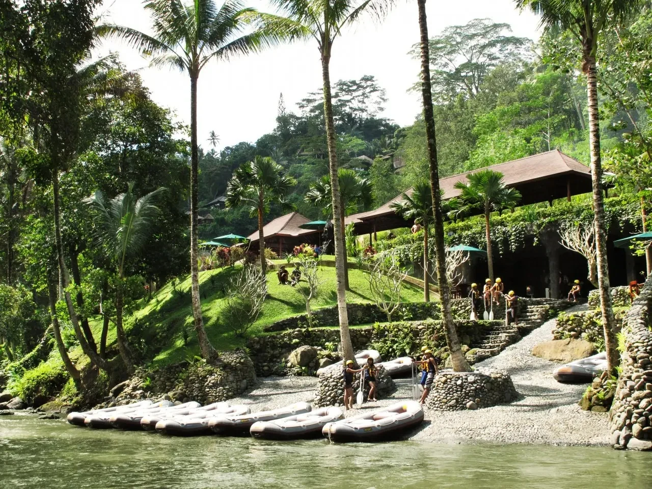 Rafts and the riverside base of Mason Adventures on Bali’s Ayung River.