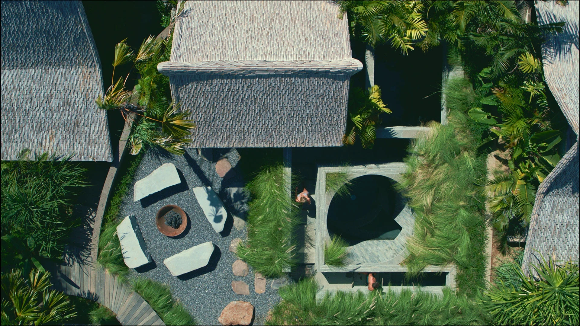 Overhead view of The Asa Maia’s round hot pool, square cold pool and adjoining fire pit.