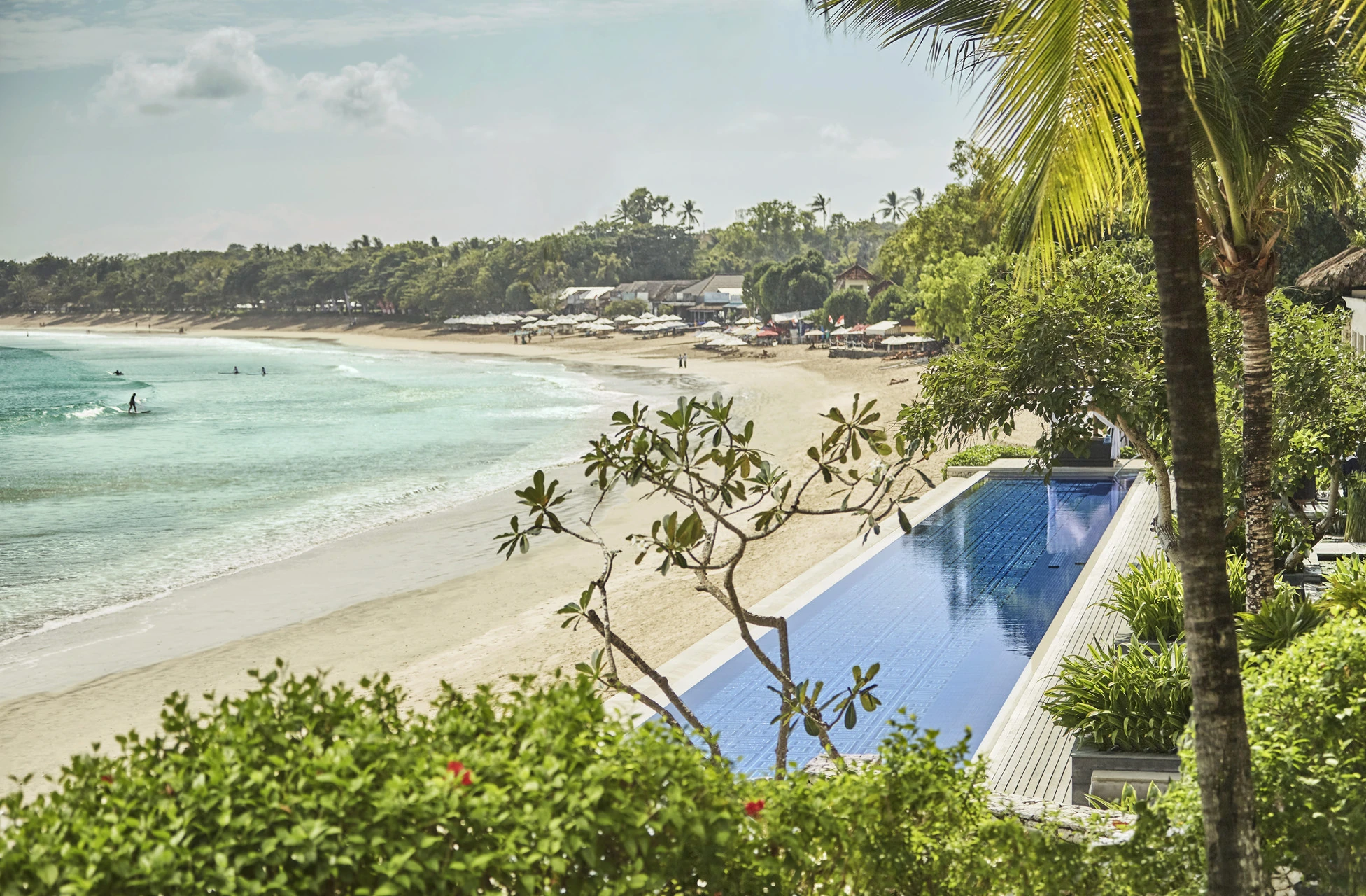 Sundara infinity pool beside Jimbaran Bay, framed by tropical foliage.