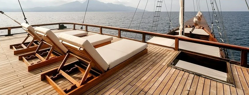 Celestia wooden sun deck with cream loungers