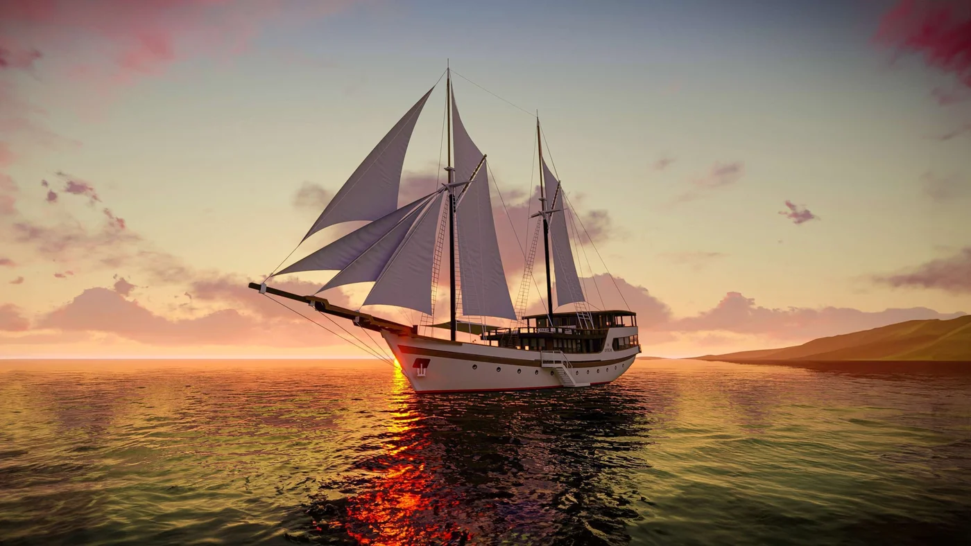 Design preview of Otium under sail at sunset
