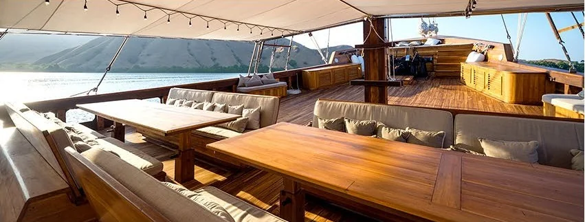 Prana open-air dining deck with cushioned seating