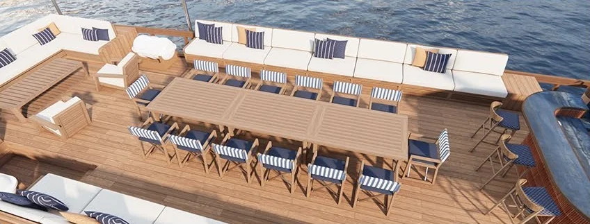 Design preview of Serenity open-air dining deck with striped cushions and a long table